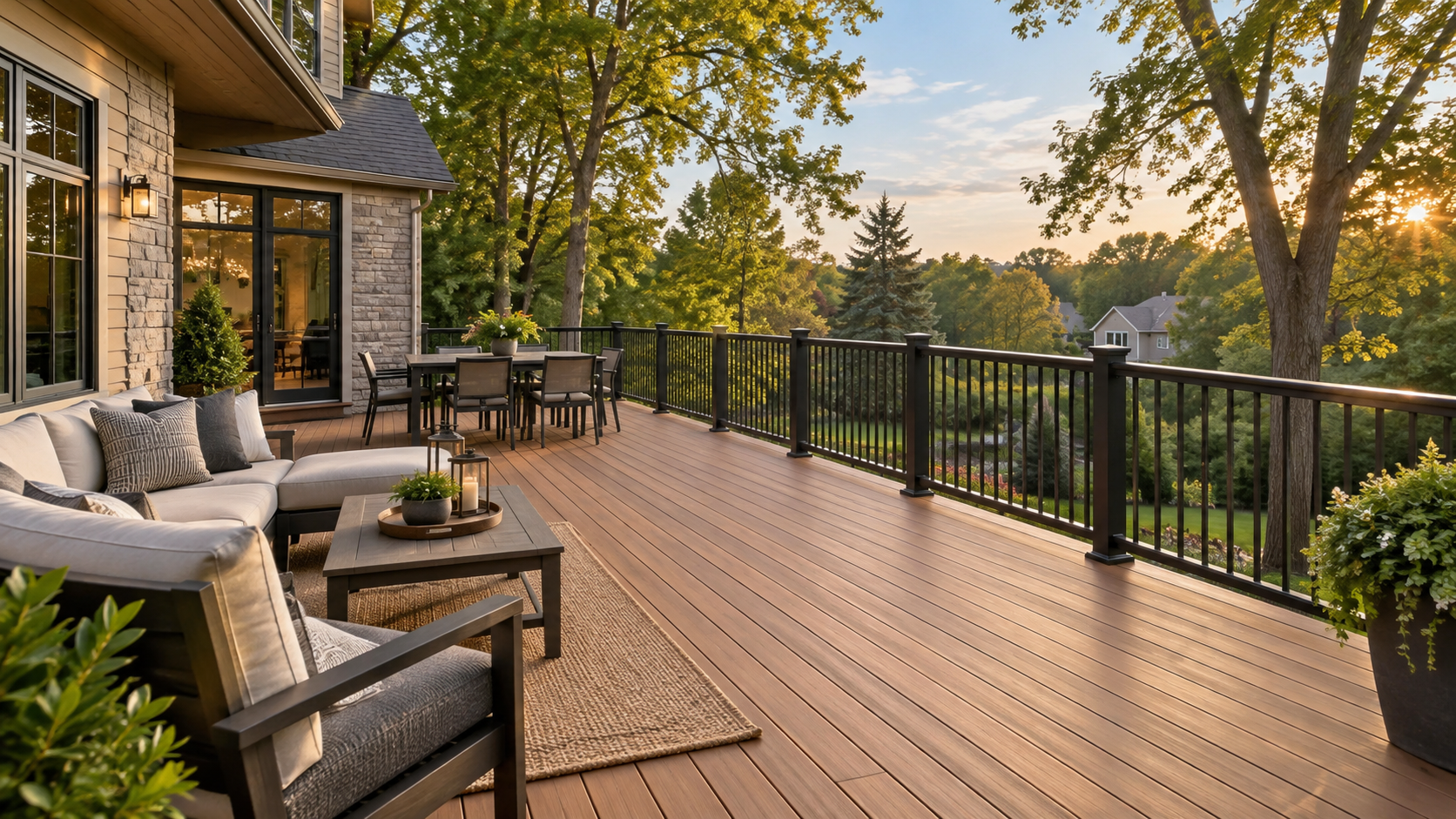 Deck design inspiration with warm boards and dark railings