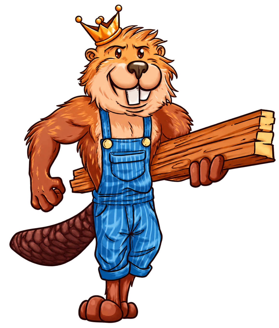 Dexter, the Wilton Decks beaver mascot, wearing a crown and overalls and carrying deck boards