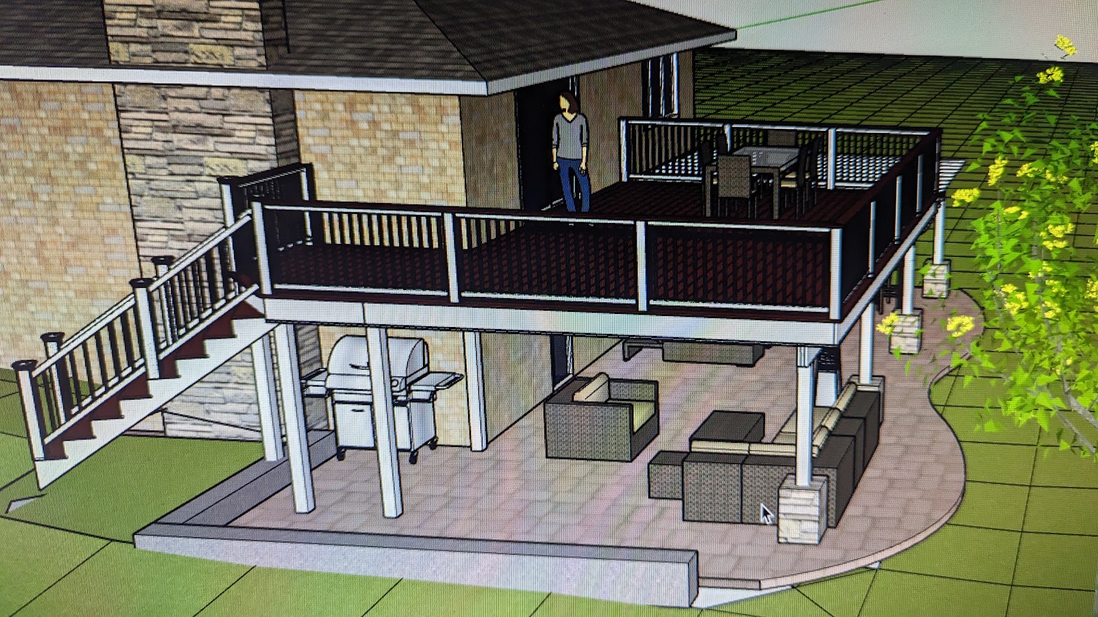 Example deck design illustration showing an elevated deck, stairs, and a patio below
