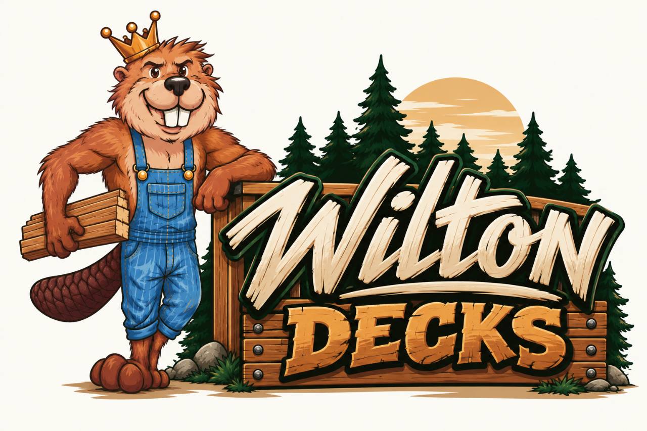 Wilton Decks signage featuring Dexter, a wooden sign, evergreen trees and a sunset